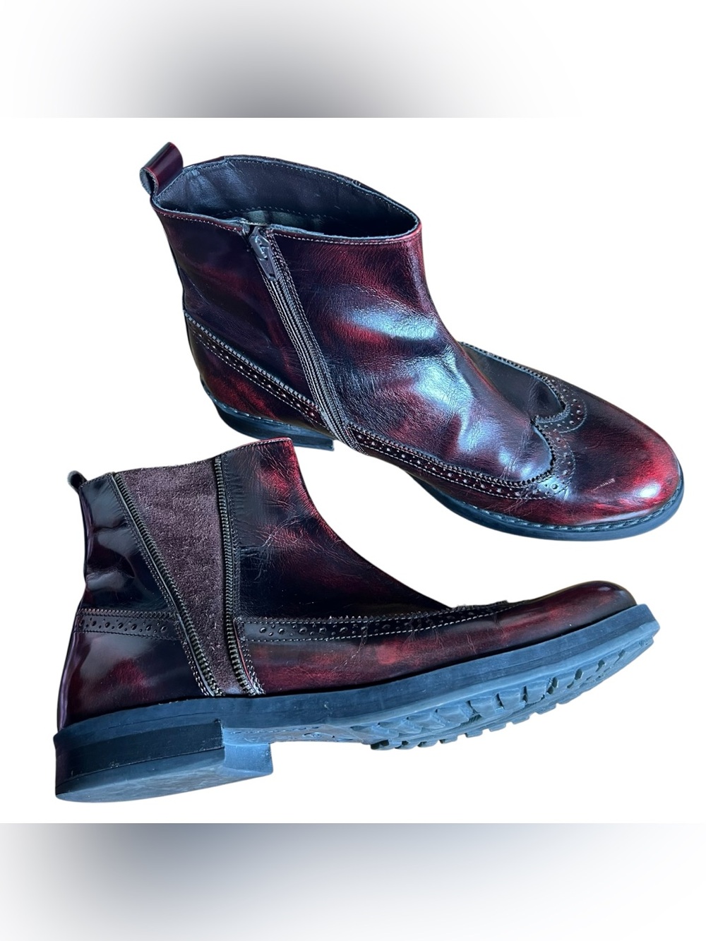 Bar III Channing Leather Ankle Boot Red Black Burnished Wingtip Zip Chelsea 11.5